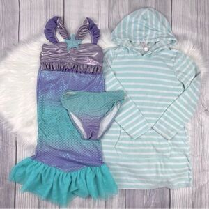Disney Little Mermaid Girls Size 8 Bikini Swimsuit Set Cover Up Ariel